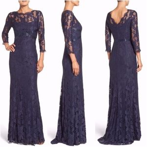 Adrianna Papell Illusion Yoke Lace Gown -Navy